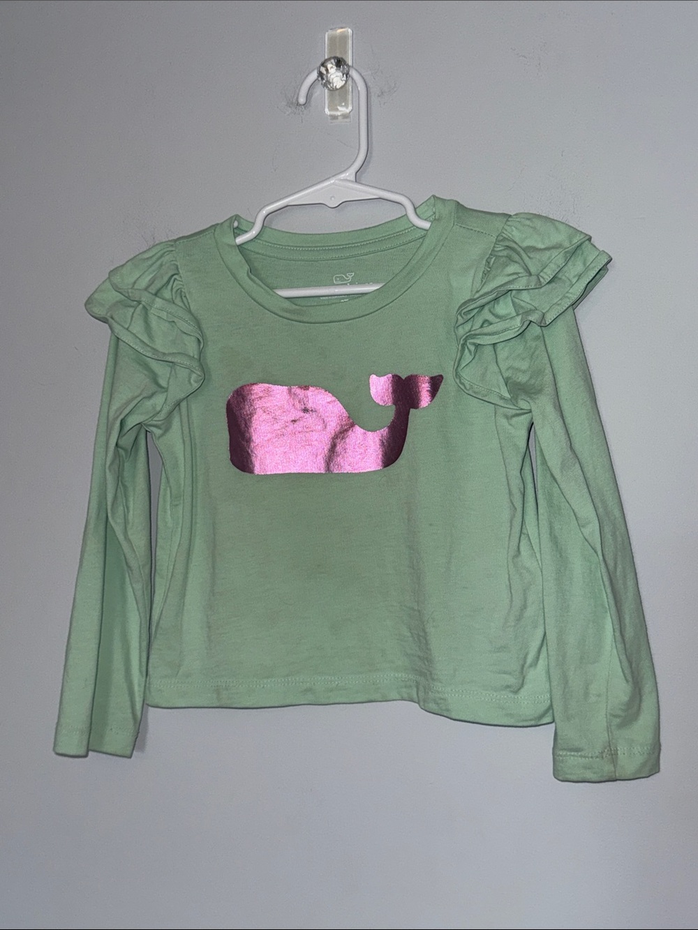Vineyard Vines Girls Long Sleeve Ruffle Top Green Size 3T Pink Metallic Whale
